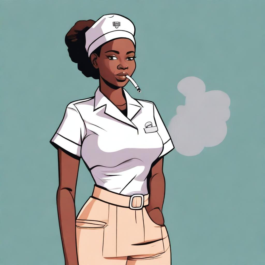 A cute African nurse girl standing with her hand on her hip, blowing smoke while smoking a cigarette