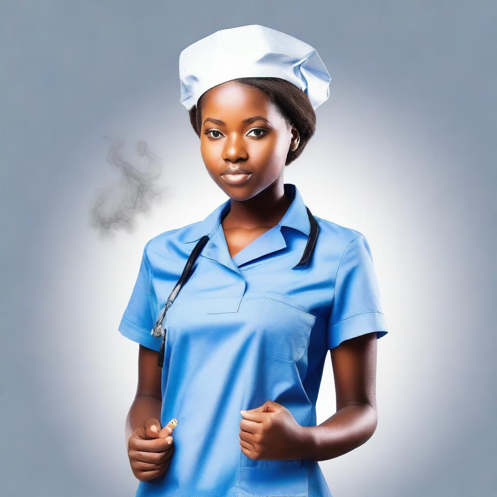 A cute African nurse girl standing with her hand on her hip, blowing smoke while smoking a cigarette