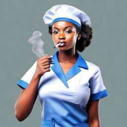 A cute African nurse girl standing with her hand on her hip, blowing smoke while smoking a cigarette