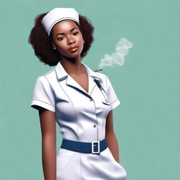 A cute African nurse girl standing with her hand on her hip, blowing smoke while smoking a cigarette