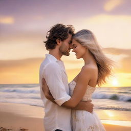 A romantic book cover featuring a couple in an intimate embrace, set against a picturesque sunset on a beach