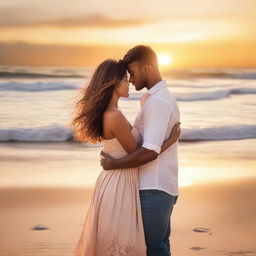 A romantic book cover featuring a couple in an intimate embrace, set against a picturesque sunset on a beach