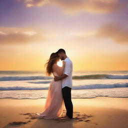 A romantic book cover featuring a couple in an intimate embrace, set against a picturesque sunset on a beach