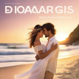 A romantic book cover featuring a couple in an intimate embrace, set against a picturesque sunset on a beach