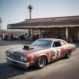 NASCAR racing cars designed in gaspunk fashion, with large gas-consuming engines, vintage gas station aesthetics, long exhaust pipes with smoky effects, and a rough industrial feel