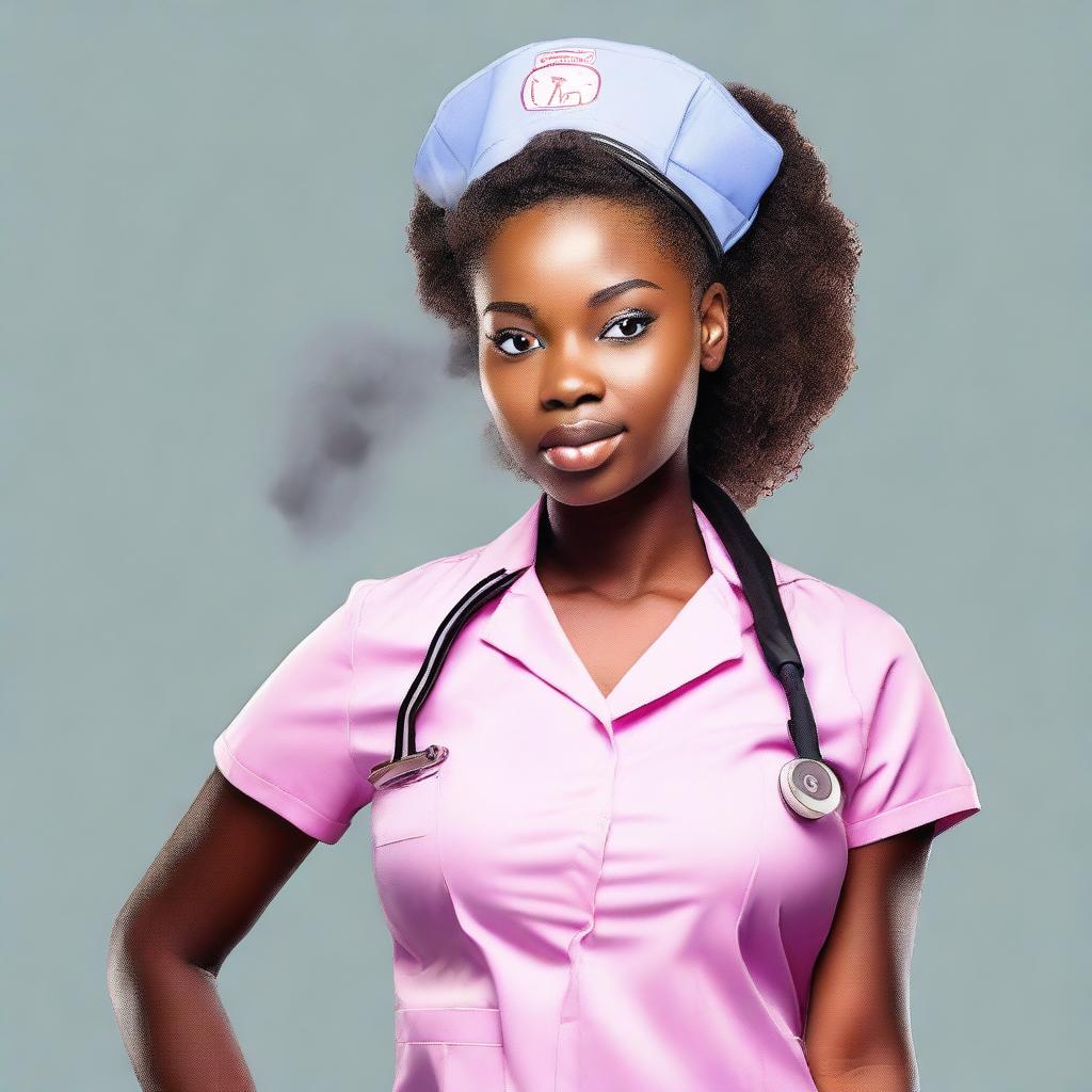 A cute African nurse girl standing with her hand on her hip, blowing smoke