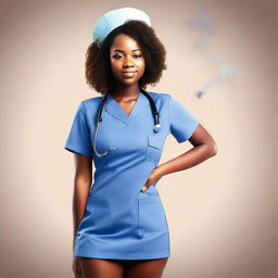 A cute African nurse girl standing with her hand on her hip, blowing smoke