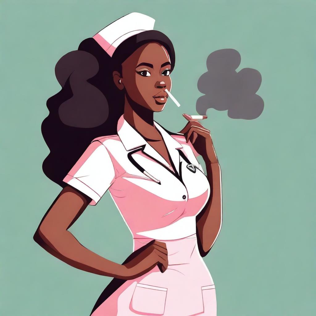 A cute African nurse girl standing with her hand on her hip, blowing smoke