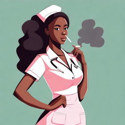 A cute African nurse girl standing with her hand on her hip, blowing smoke