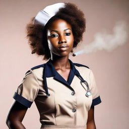 A cute African nurse girl standing with her hand on her hip, blowing smoke