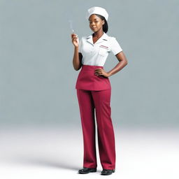 A cute African nurse girl standing with her hand on her hip, smoking a cigarette