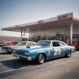 NASCAR racing cars designed in gaspunk fashion, with large gas-consuming engines, vintage gas station aesthetics, long exhaust pipes with smoky effects, and a rough industrial feel