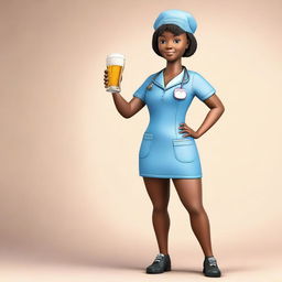 A cute African nurse girl standing with her hand on her hip, drinking a beer