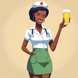 A cute African nurse girl standing with her hand on her hip, drinking a beer