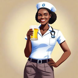 A cute African nurse girl standing with her hand on her hip, drinking a beer