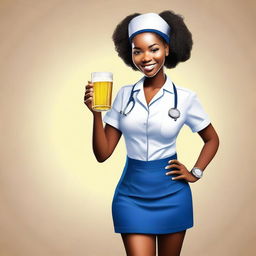 A cute African nurse girl standing with her hand on her hip, drinking a beer