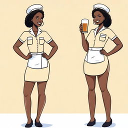 A cute African nurse girl standing with her hand on her hip, sipping a beer