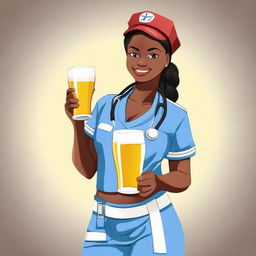 A cute African nurse girl standing with her hand on her hip, sipping a beer