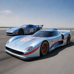 NASCAR race cars reinterpreted in an Airpunk aesthetic, incorporating streamlined, aerodynamic designs, winged body styles, powerful air-jet engines, and a sky pilot ambience