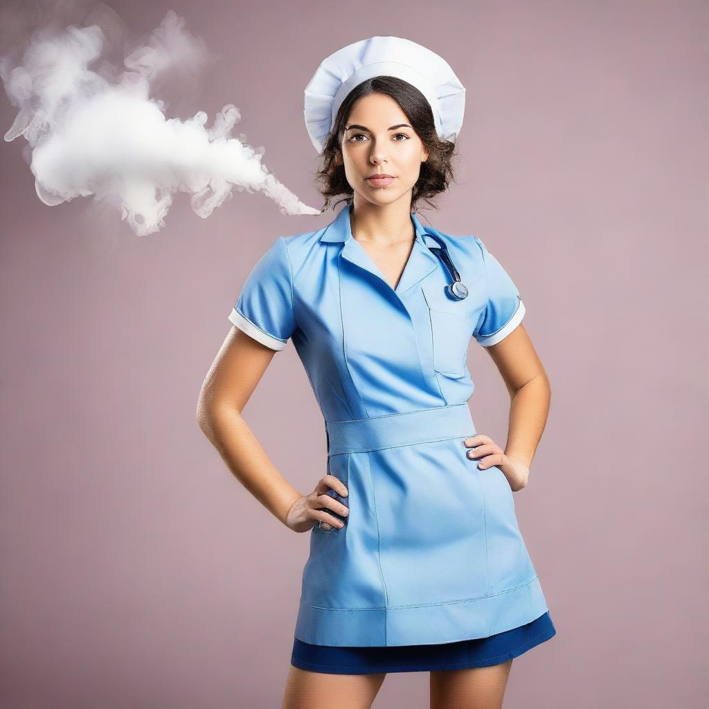 A cute French nurse girl standing with her hand on her hip, blowing smoke from her mouth