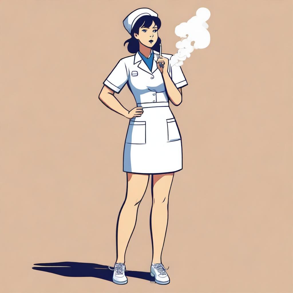 A cute French nurse girl standing with her hand on her hip, blowing smoke from her mouth