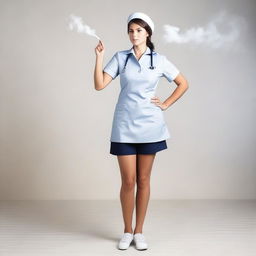 A cute French nurse girl standing with her hand on her hip, blowing smoke from her mouth