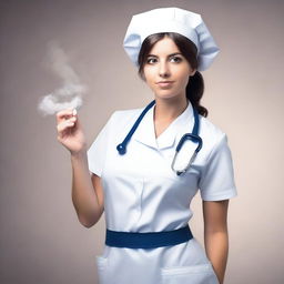 A cute French nurse girl standing with her hand on her hip, blowing smoke from her mouth