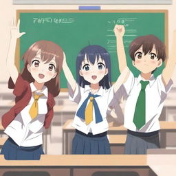 An anime-style image featuring one female and two male high school students