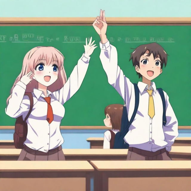 An anime-style image featuring one female and two male high school students