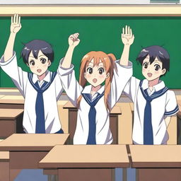 An anime-style image featuring one female and two male high school students