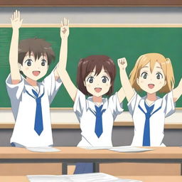 An anime-style image featuring one female and two male high school students