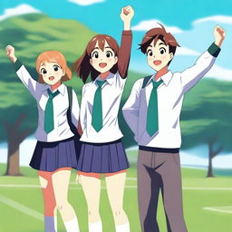 A scene featuring one female and two male high school students raising their left hands in animation style