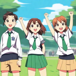 A scene featuring one female and two male high school students raising their left hands in animation style