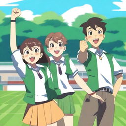 A scene featuring one female and two male high school students raising their left hands in animation style