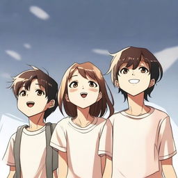 A scene featuring three teenagers, one girl and two boys, looking up at the sunlight while raising their left hands