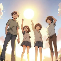 A scene featuring three teenagers, one girl and two boys, looking up at the sunlight while raising their left hands