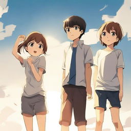 A scene featuring three teenagers, one girl and two boys, looking up at the sunlight while raising their left hands