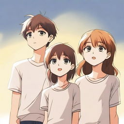 A scene featuring three teenagers, one girl and two boys, looking up at the sunlight while raising their left hands