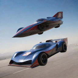 NASCAR race cars reinterpreted in an Airpunk aesthetic, incorporating streamlined, aerodynamic designs, winged body styles, powerful air-jet engines, and a sky pilot ambience