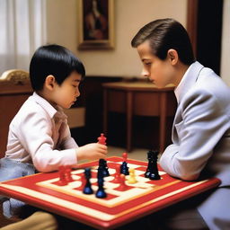 A scene featuring two people playing chess