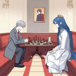 A manhwa-style scene featuring two people playing chess