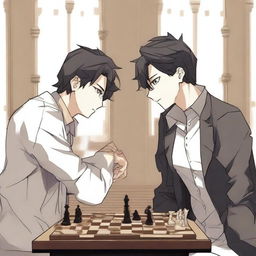 A manhwa-style scene featuring two people playing chess