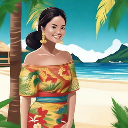 Create an image of a Filipina girl with a warm smile, wearing traditional Filipino attire, and set against a backdrop of a beautiful tropical beach