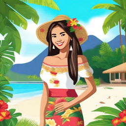 Create an image of a Filipina girl with a warm smile, wearing traditional Filipino attire, and set against a backdrop of a beautiful tropical beach