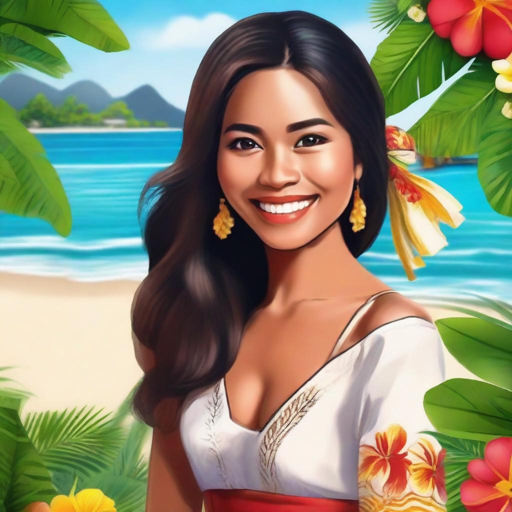 Create an image of a Filipina girl with a warm smile, wearing traditional Filipino attire, and set against a backdrop of a beautiful tropical beach