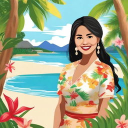 Create an image of a Filipina girl with a warm smile, wearing traditional Filipino attire, and set against a backdrop of a beautiful tropical beach