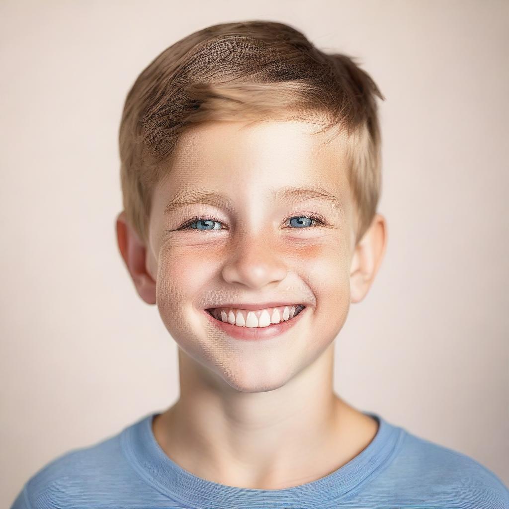 A portrait of a young white boy with a friendly smile, wearing casual clothes