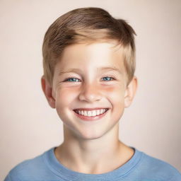 A portrait of a young white boy with a friendly smile, wearing casual clothes