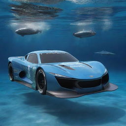 NASCAR racing cars conceptualized in an Aquapunk style, featuring streamlined aquatic designs, underwater functionality, high-power turbine propulsion, and bio-luminescent accents evoking deep-sea creatures