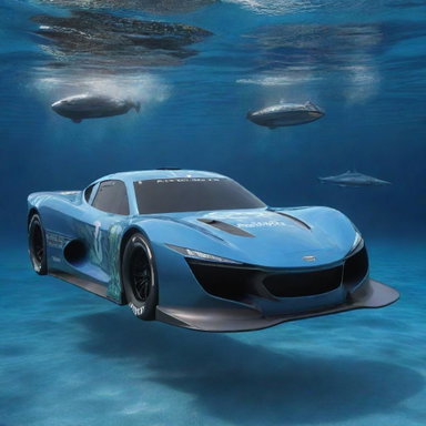 NASCAR racing cars conceptualized in an Aquapunk style, featuring streamlined aquatic designs, underwater functionality, high-power turbine propulsion, and bio-luminescent accents evoking deep-sea creatures